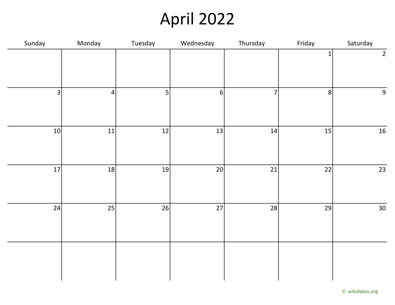 April 2022 Calendar With Bigger Boxes | Wikidates