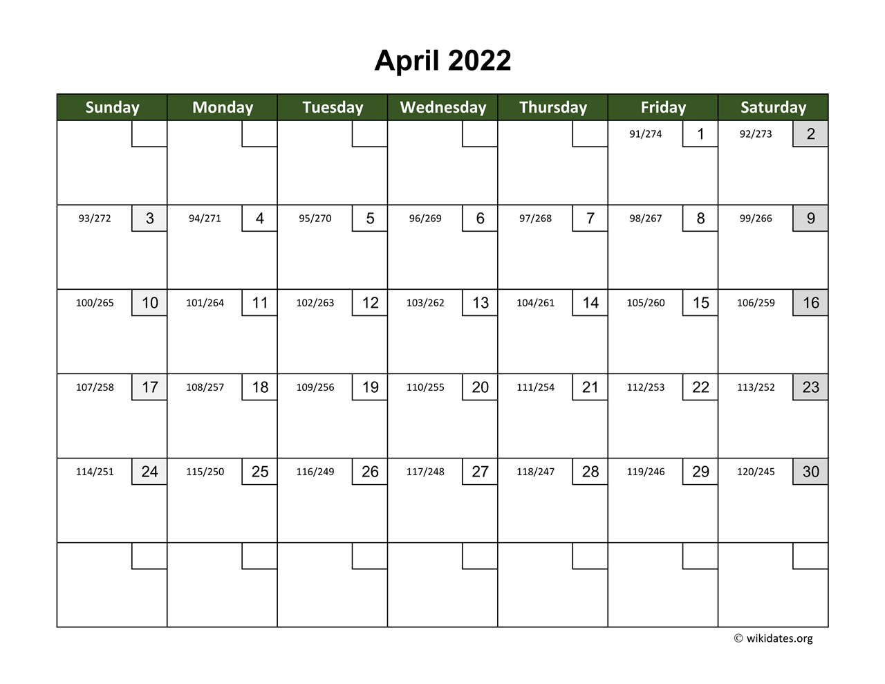 April 2022 Calendar With Day Numbers | Wikidates