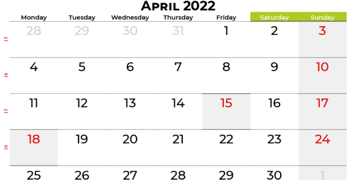April 2022 Calendar With Holidays Calendarena