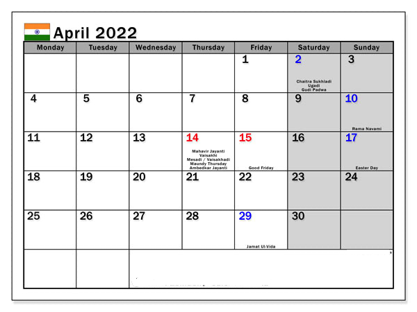 April 2022 Calendar With Holidays Template - Free Us Calendar