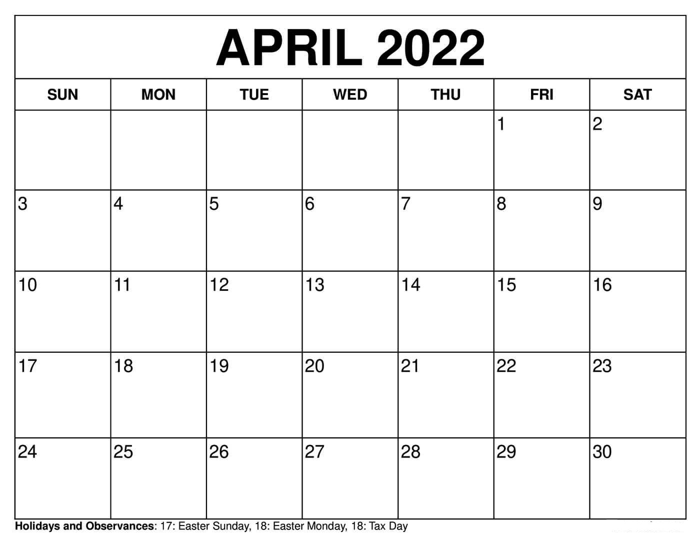 April 2022 Calendar With Holidays Template - Free Us Calendar