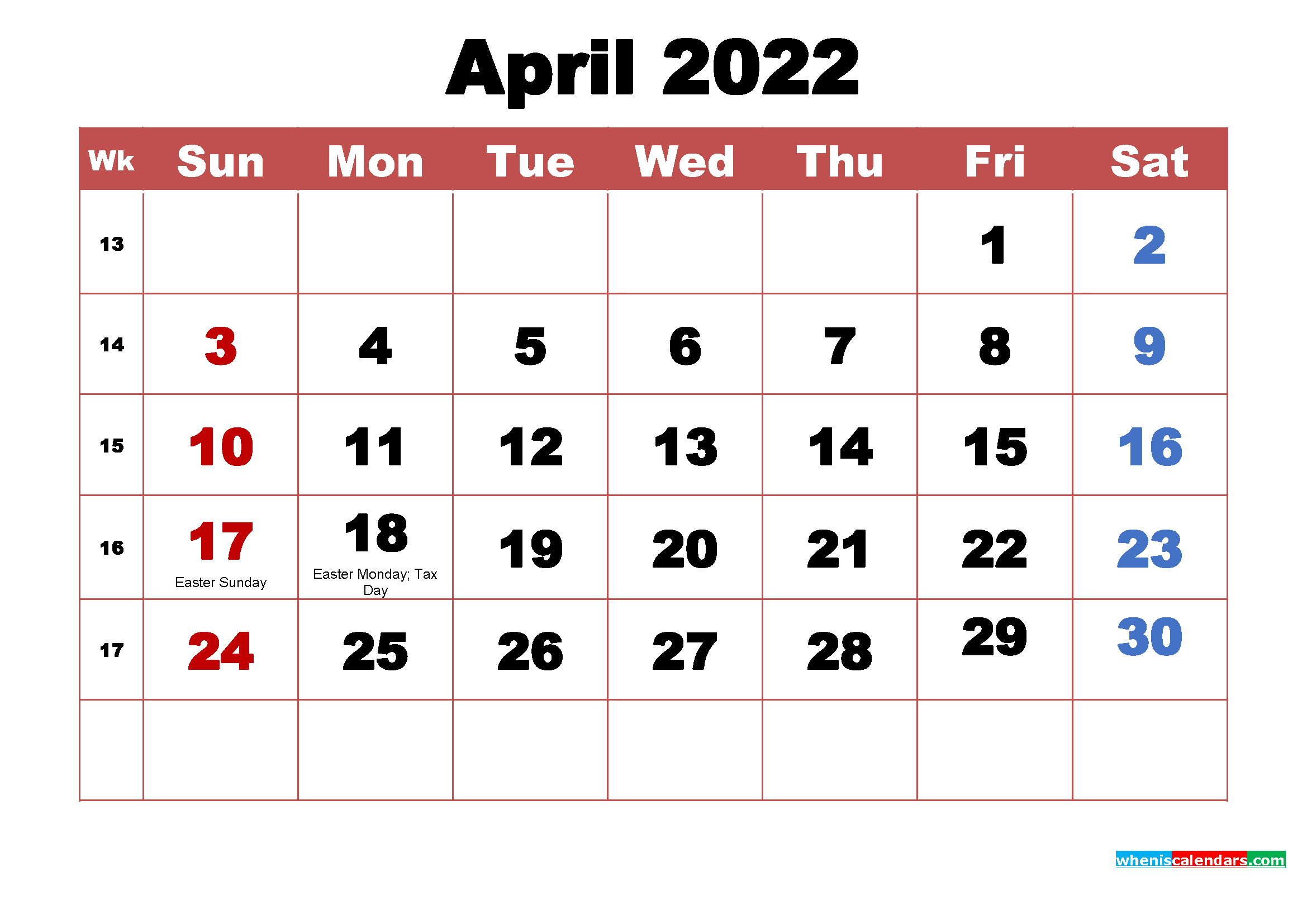 April 2022 Calendar With Lines - Holiday Calendar 2022