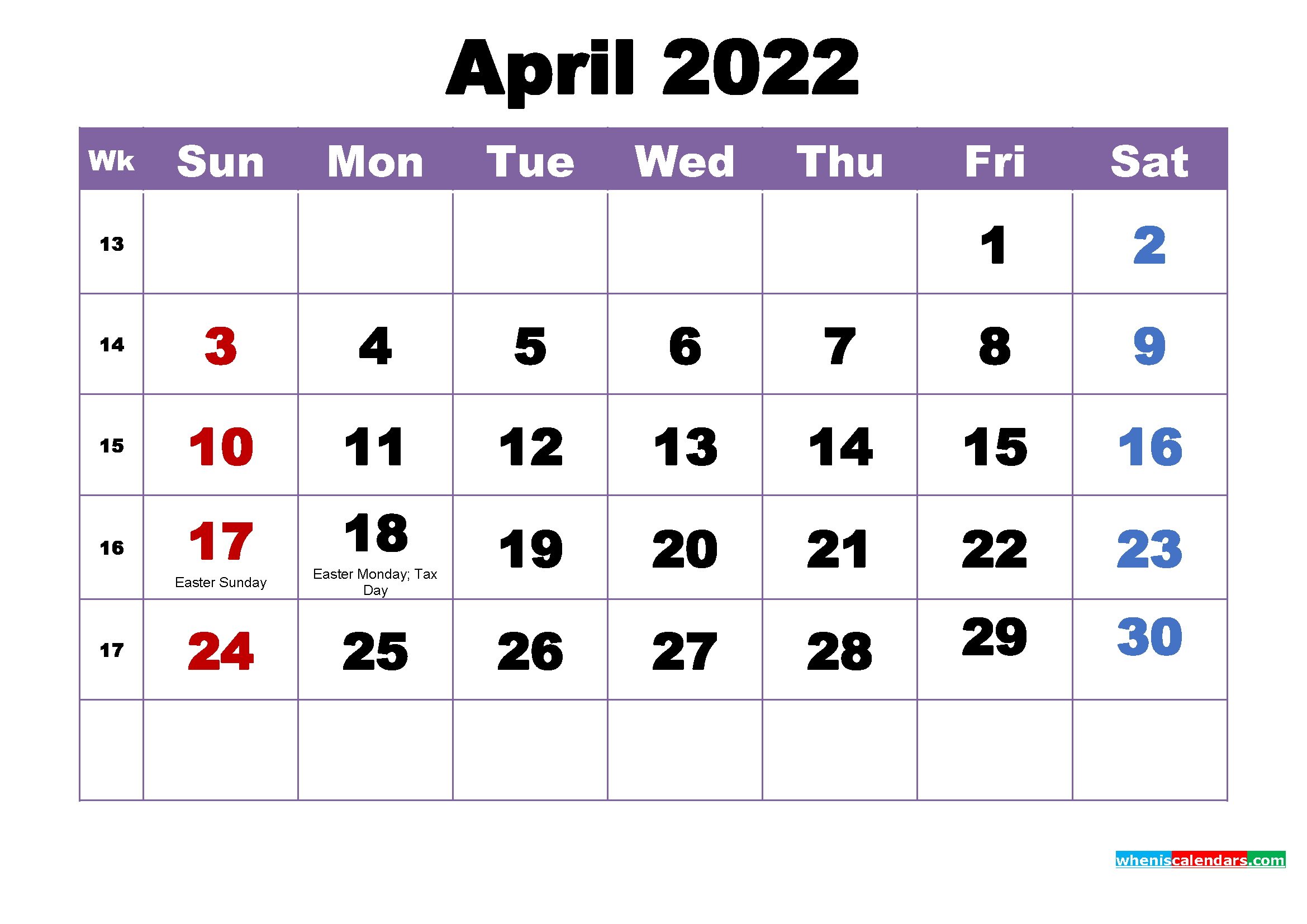 April 2022 Calendar Year Holidays