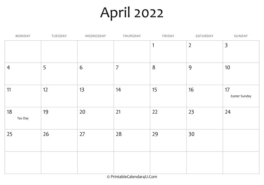 April 2022 Calendar Year Holidays