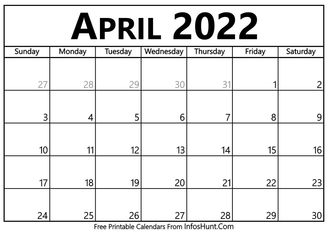 April 2022 Calendar Year Printable