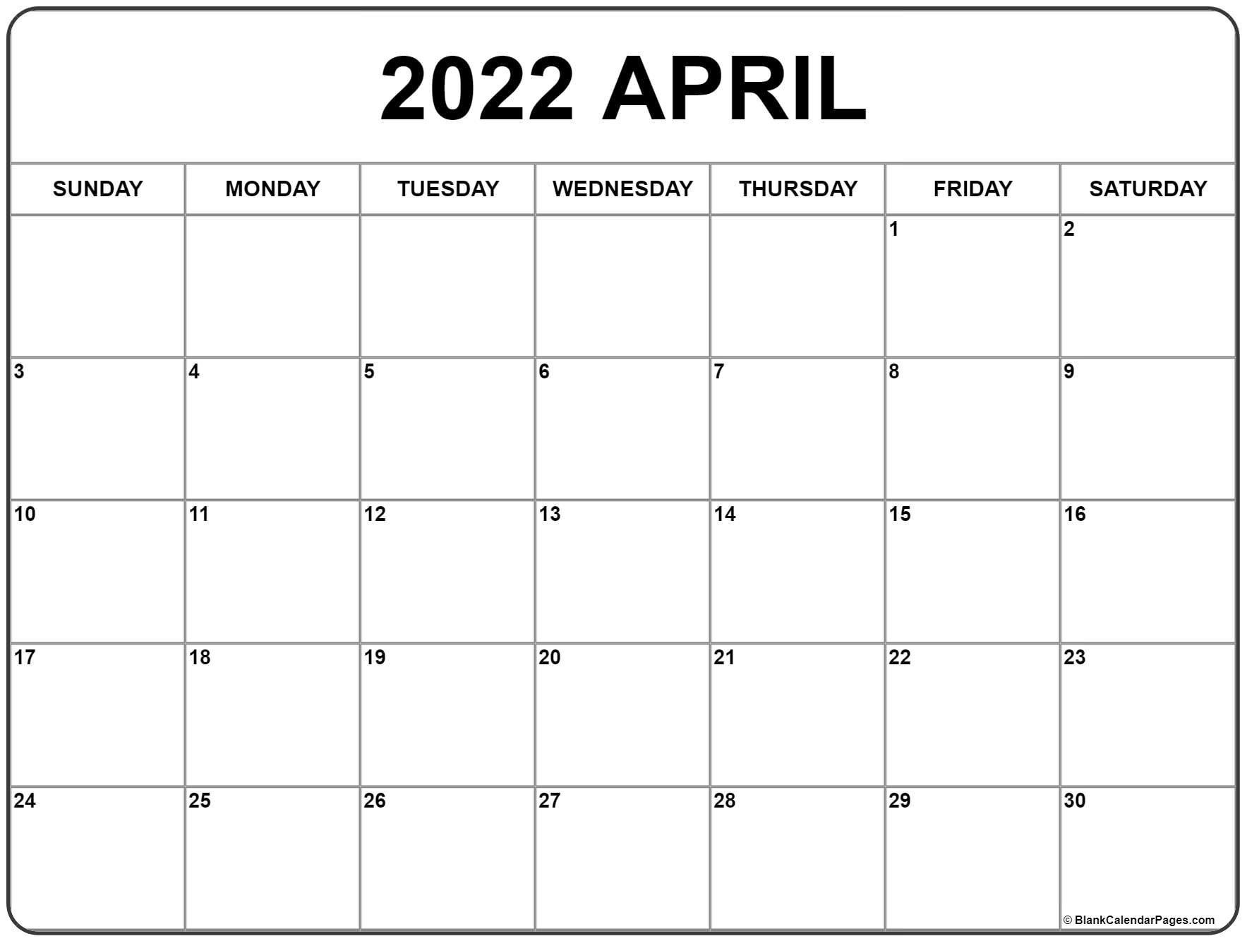 April 2022 Calendar Year Printable