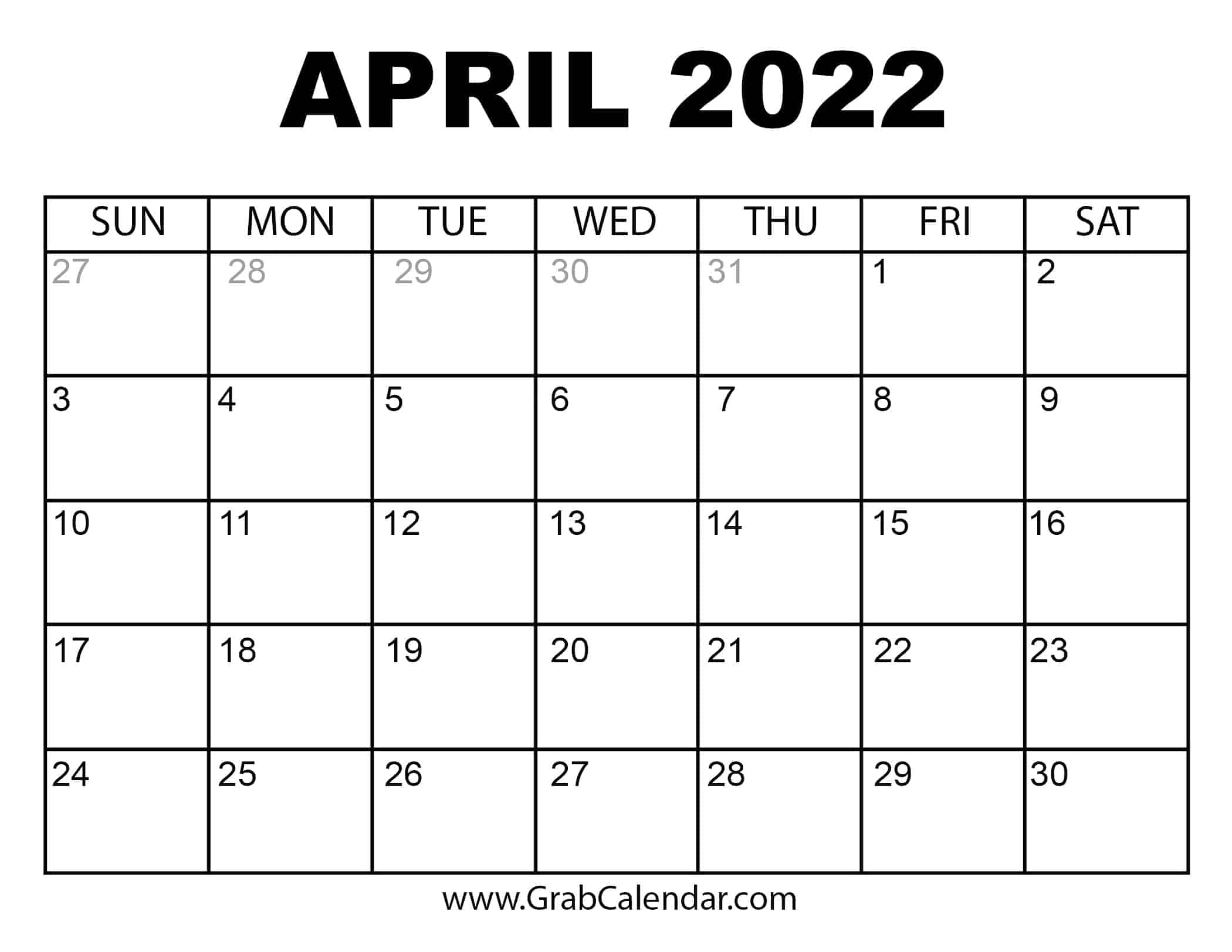 April 2022 Calendar Year Printable