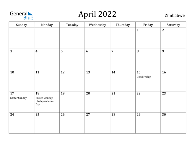 April 2022 Calendar - Zimbabwe