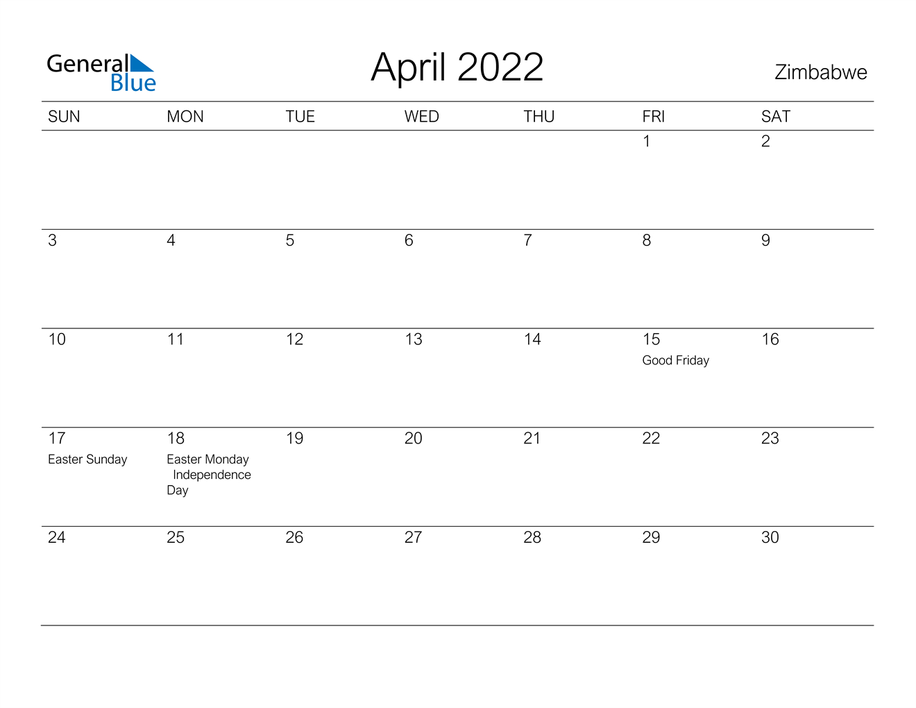 April 2022 Calendar - Zimbabwe