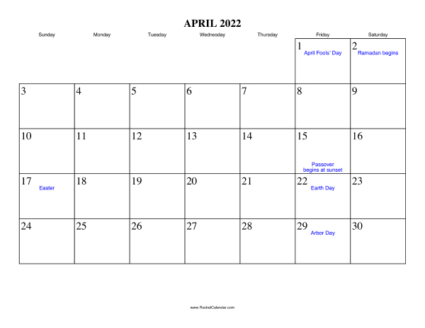 April 2022 Calendar