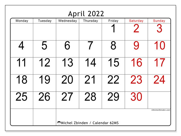 April 2022 Calendars &quot;Monday - Sunday&quot; - Michel Zbinden En