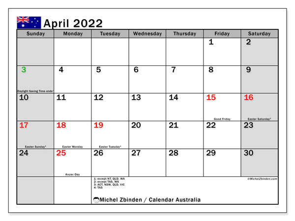 April 2022 Calendars &quot;Public Holidays&quot; - Michel Zbinden En
