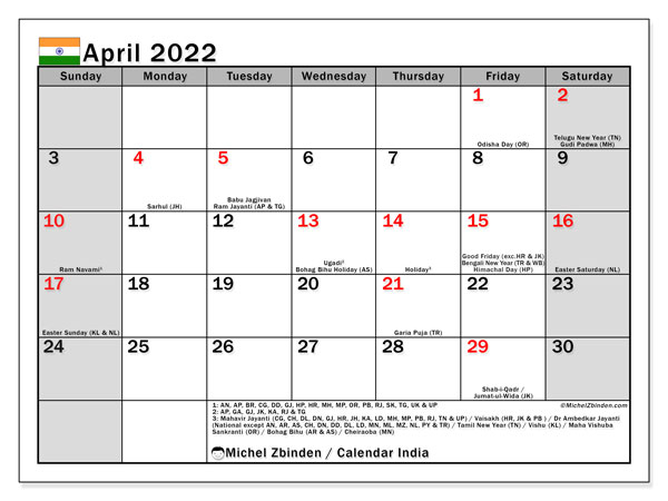 April 2022 Calendars &quot;Public Holidays&quot; - Michel Zbinden En