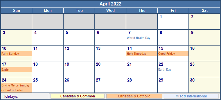 April 2022 Canada Calendar With Holidays For Printing