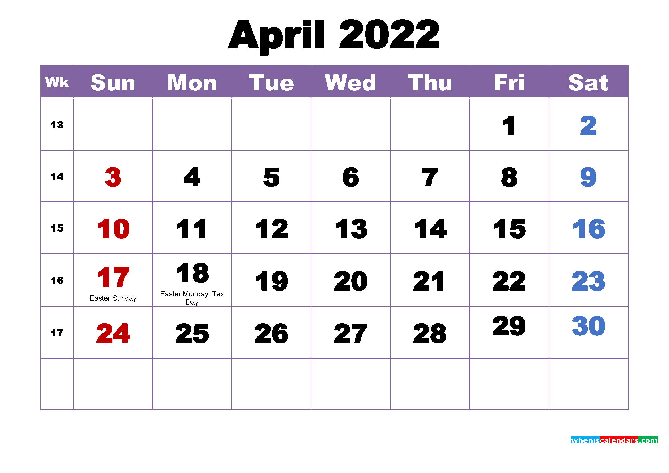 April 2022 Desktop Calendar Monthly