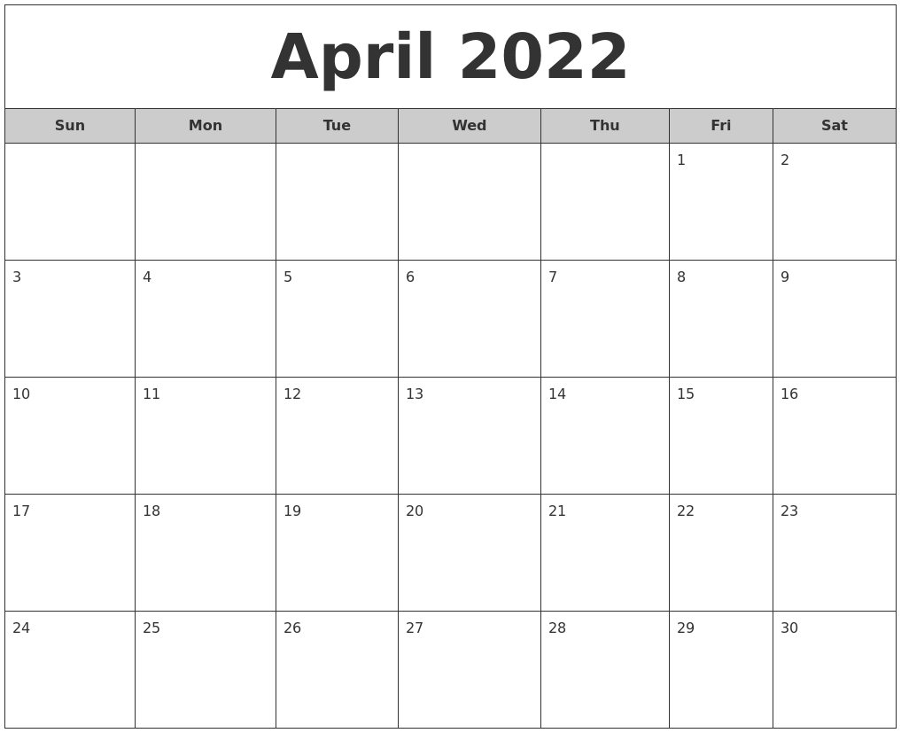 April 2022 Free Monthly Calendar