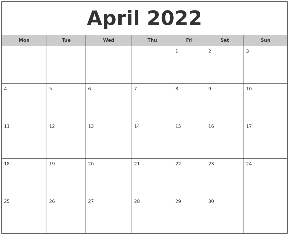 April 2022 Free Monthly Calendar