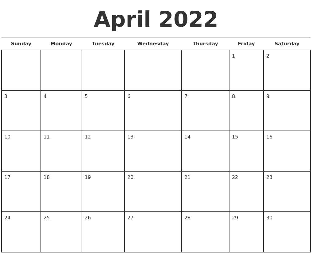 April 2022 Monthly Calendar Template