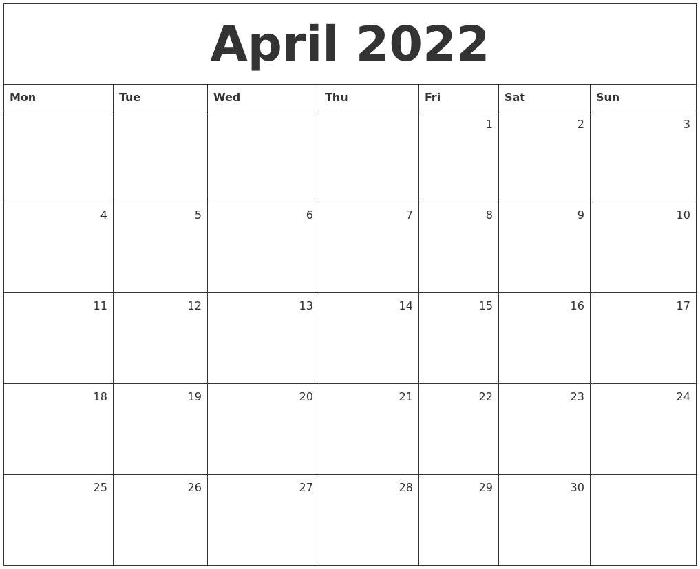 April 2022 Monthly Calendar