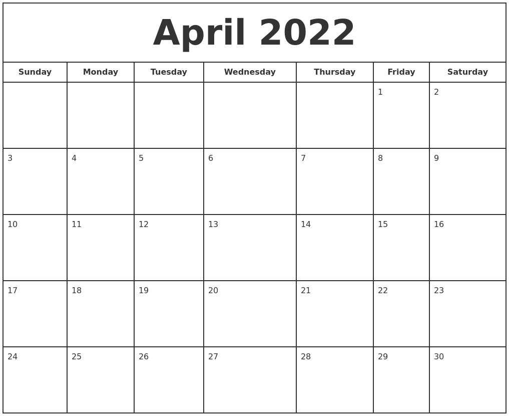 April 2022 Print Free Calendar