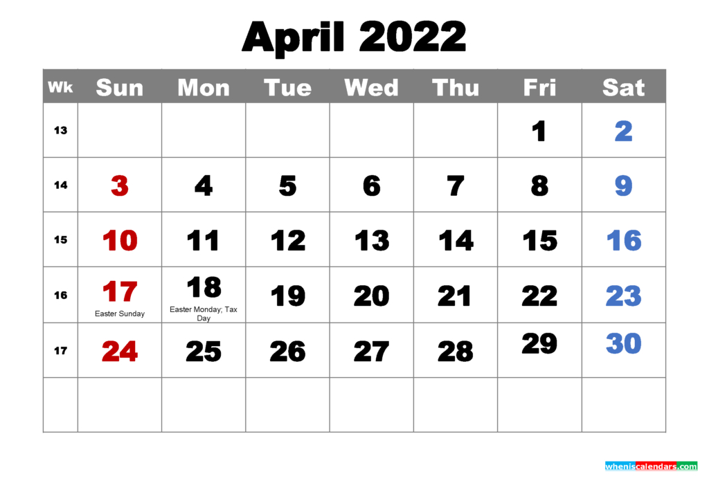 April 2022 Printable Calendar With Holidays - Monthly