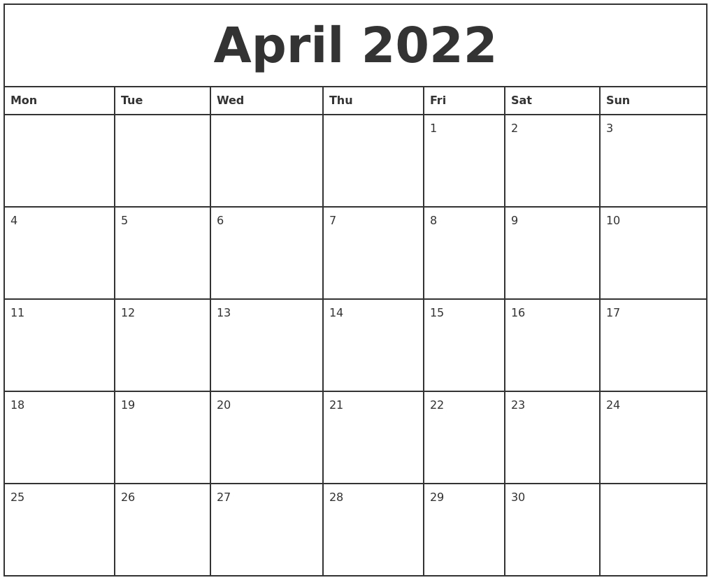 April 2022 Printable Monthly Calendar