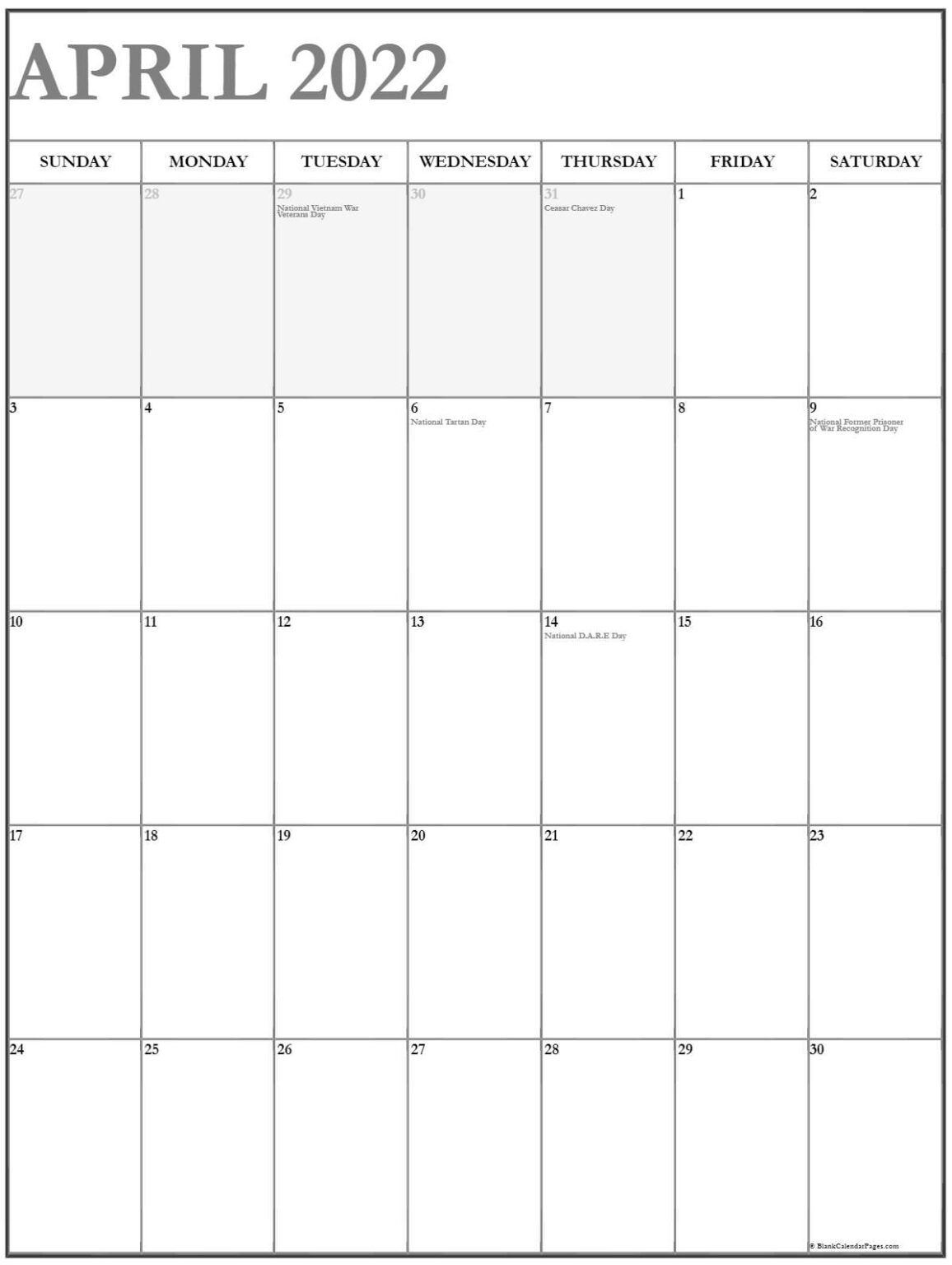 April 2022 Vertical Calendar Portrait - Free Calendar