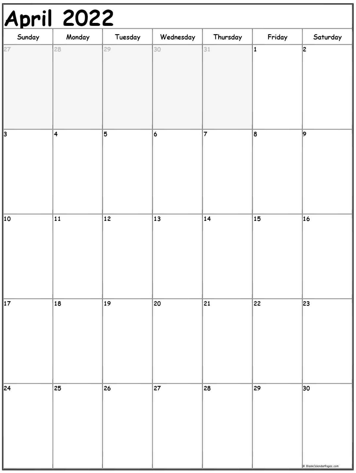 April 2022 Vertical Calendar | Portrait