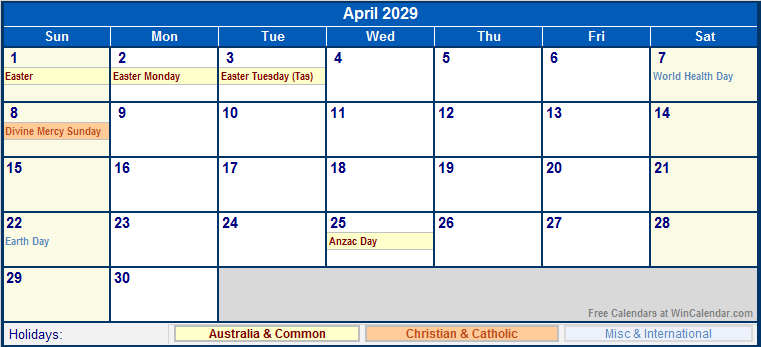 April 2029 Australia Calendar With Holidays For Printing