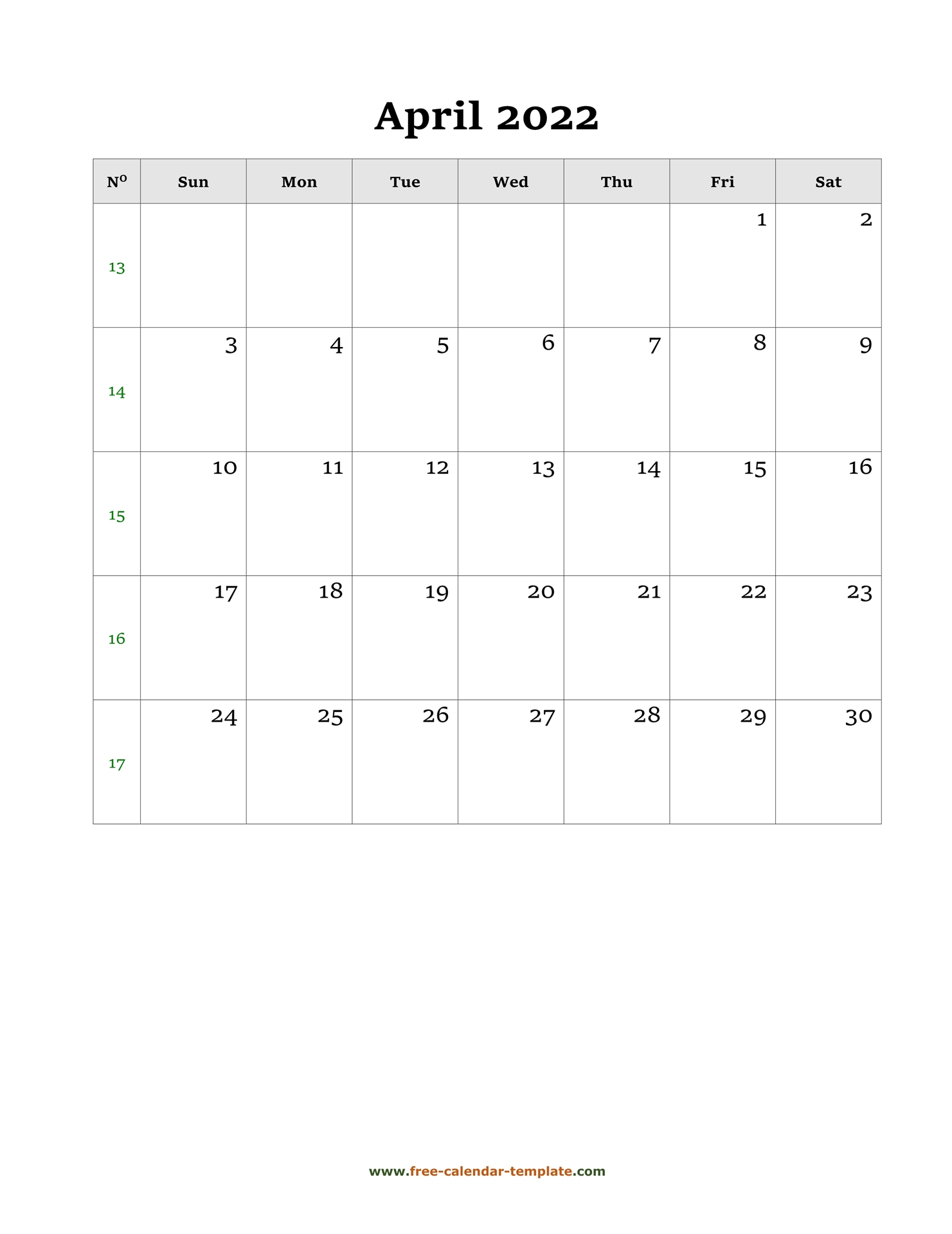 April Calendar 2022 Simple Design With Large Box On Each