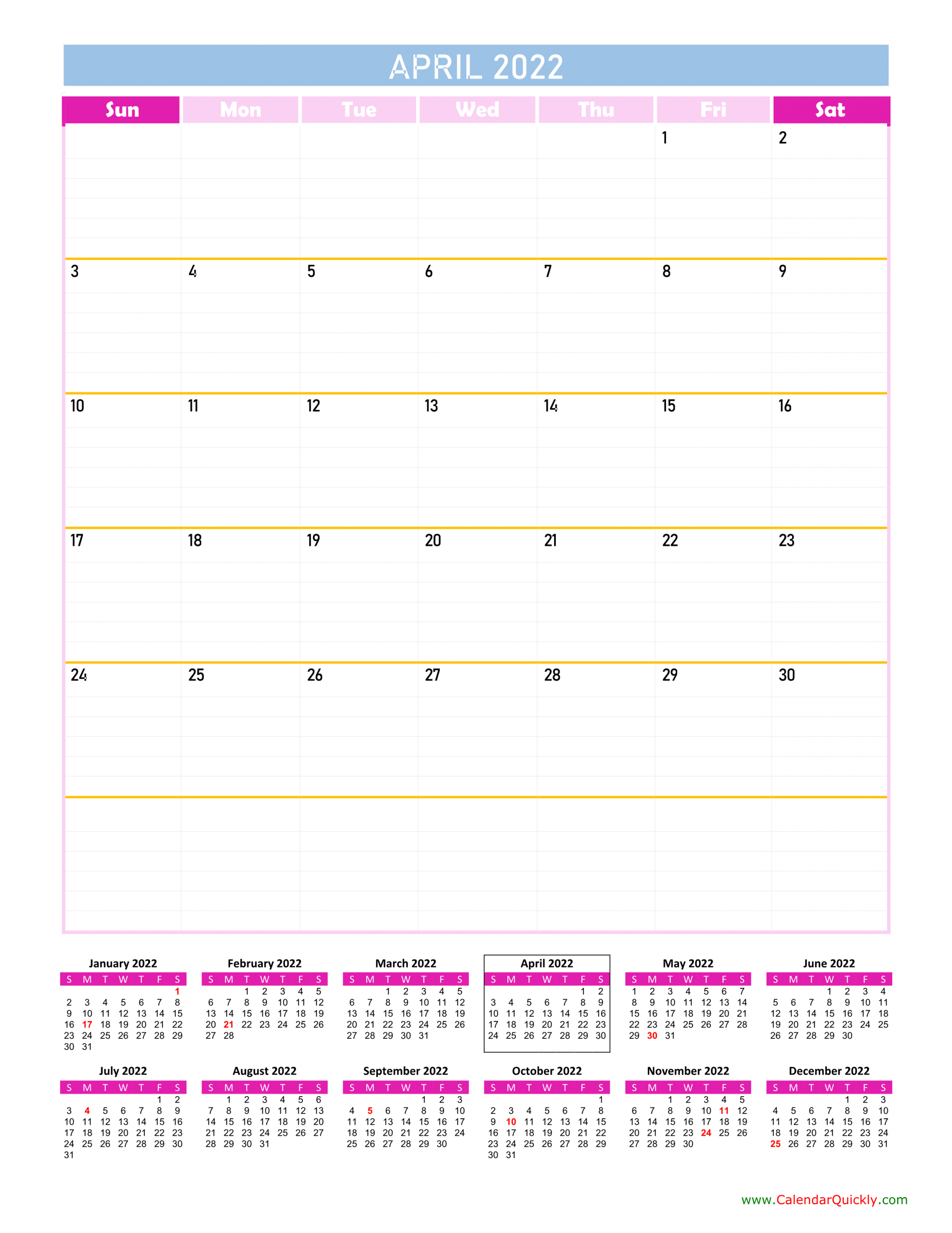 April Calendar 2022 Vertical | Calendar Quickly