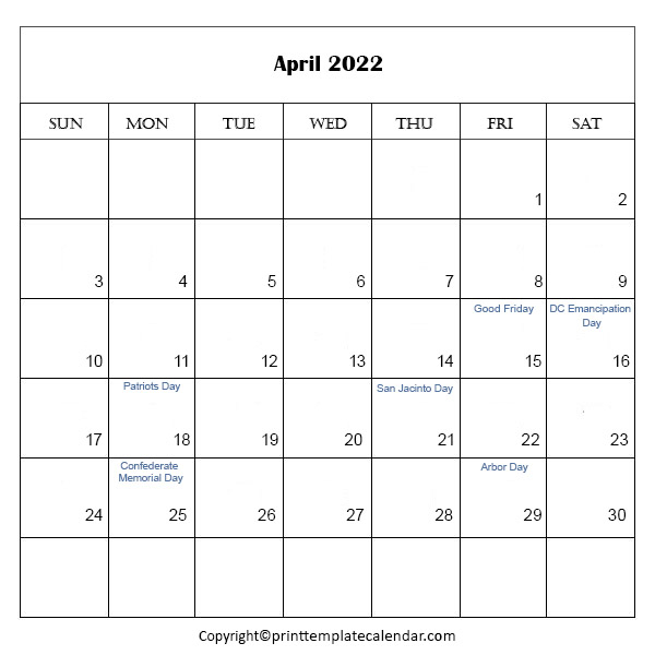 April Calendar 2022 With Holidays | Printable Template