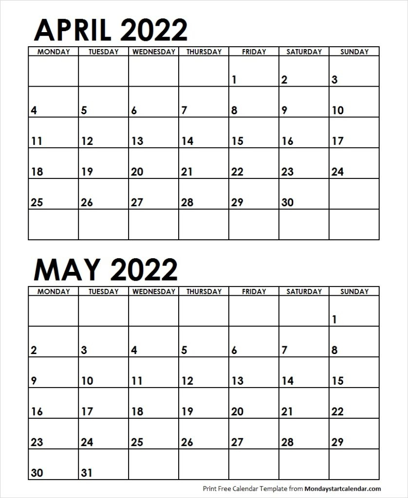 April May 2022 Calendar Monday Start | Editable Two Months