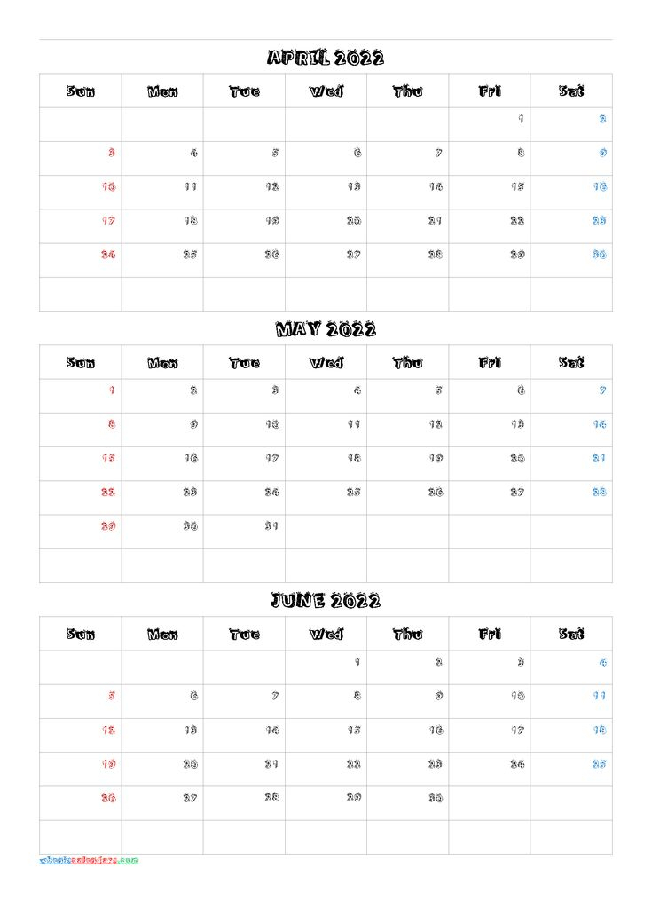 April May June 2022 Calendar Printable Free [Q1-Q2-Q3-Q4