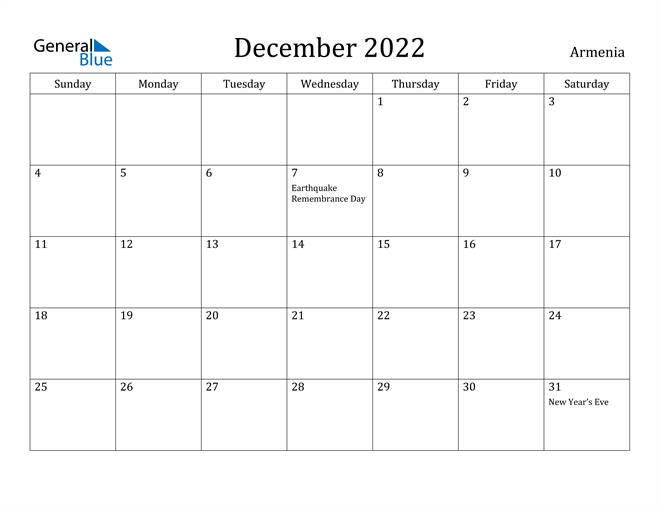 Armenia December 2022 Calendar With Holidays