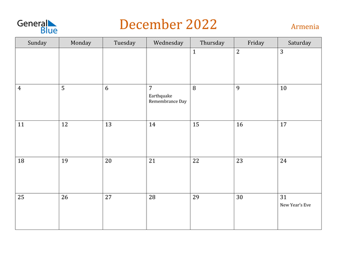 Armenia December 2022 Calendar With Holidays
