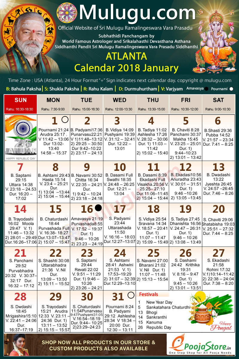 Atlanta Telugu Calendar January 2022 [Adjusted Calendar