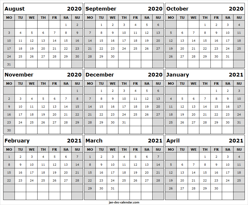 August 2020 To April 2021 Calendar Template - Monthly