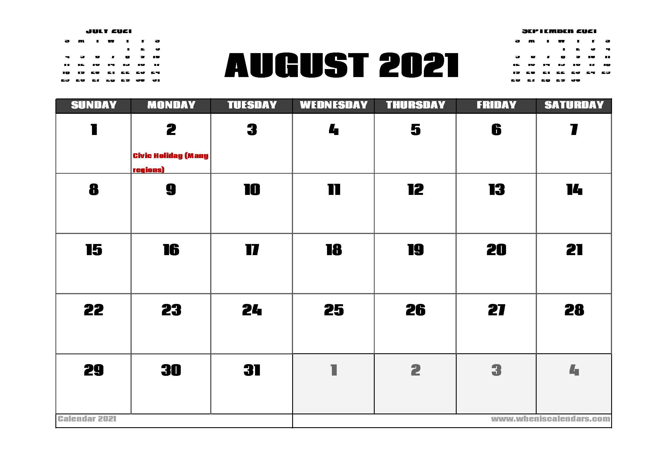 August 2021 Calendar Canada With Holidays 12 Templates