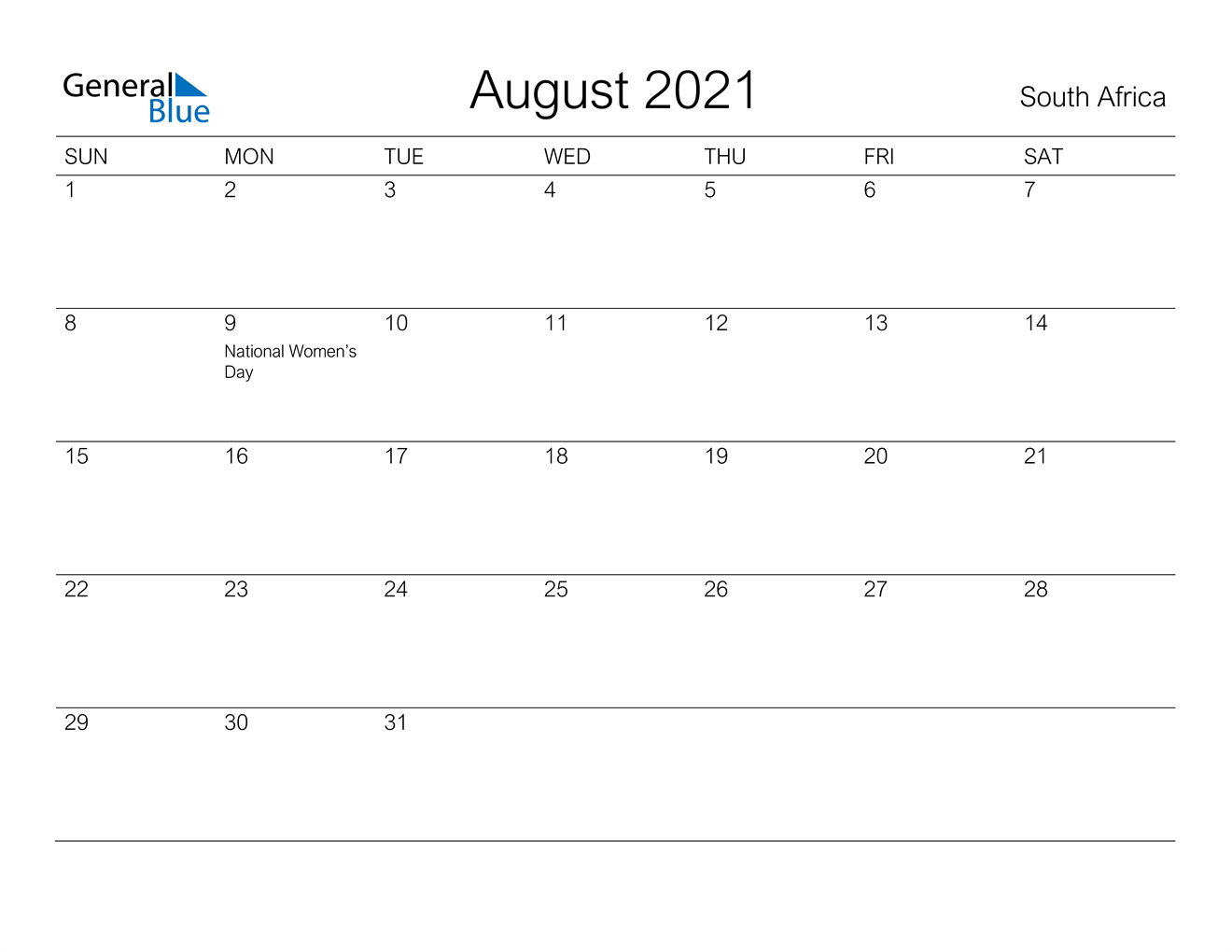 August 2021 Calendar - South Africa