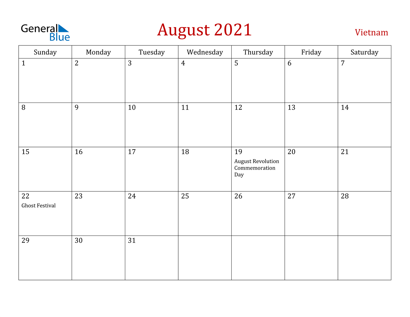 August 2021 Calendar - Vietnam