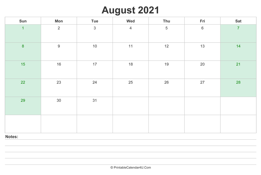 August 2021 Calendar With Us Holidays And Notes (Landscape