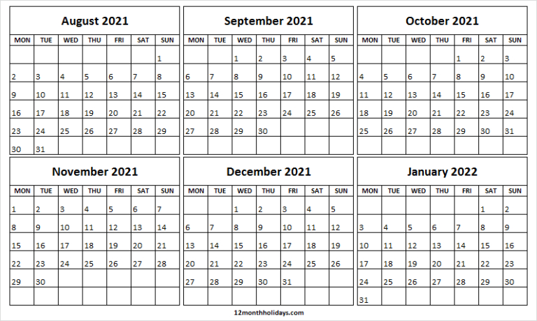 August 2021 To January 2022 Calendar Printable - Calendar