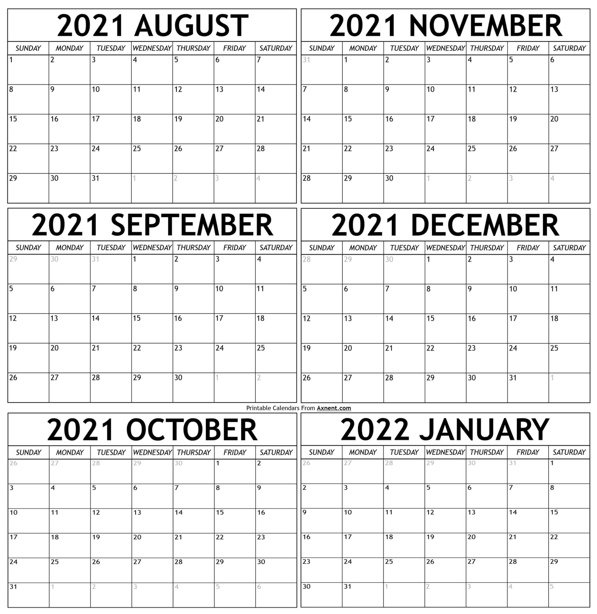 August 2021 To January 2022 Calendar Templates - Time