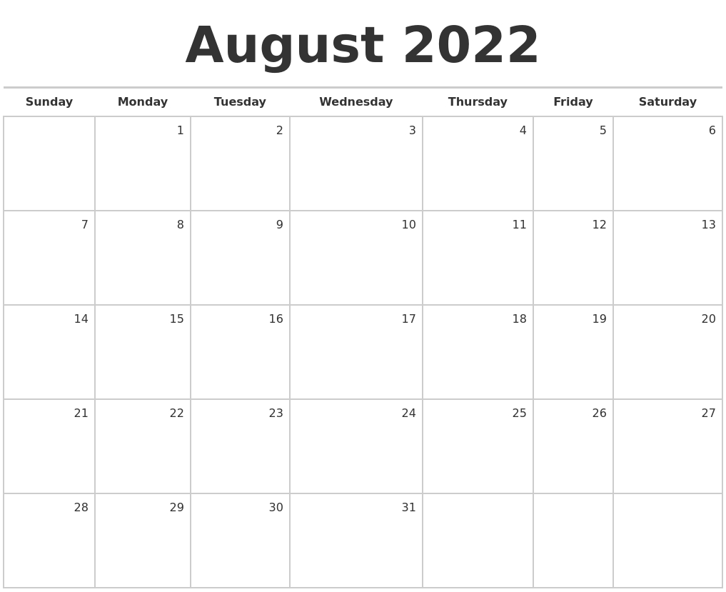 August 2022 Blank Monthly Calendar