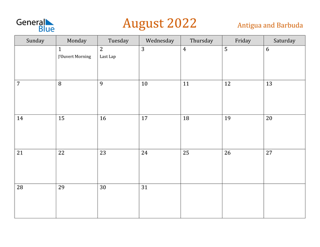 August 2022 Calendar - Antigua And Barbuda