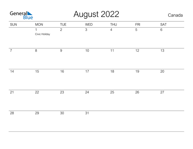 August 2022 Calendar - Canada