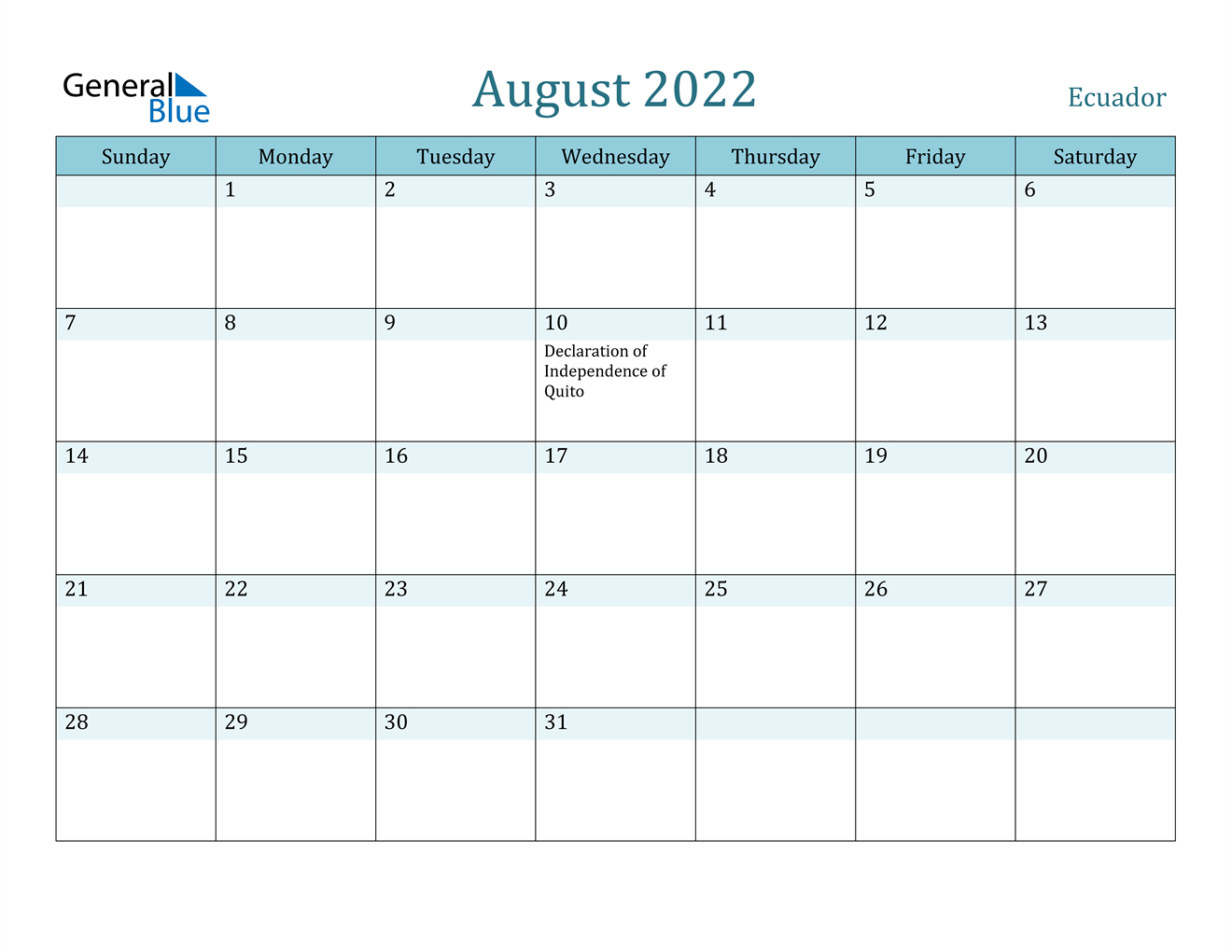 August 2022 Calendar - Ecuador