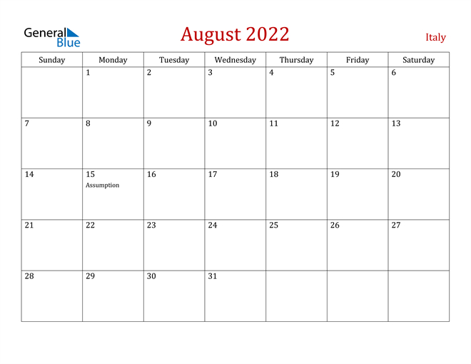 August 2022 Calendar - Italy