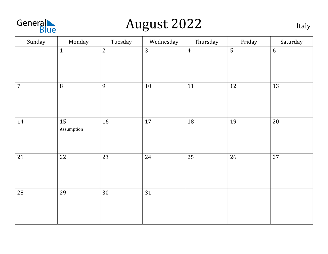 August 2022 Calendar - Italy